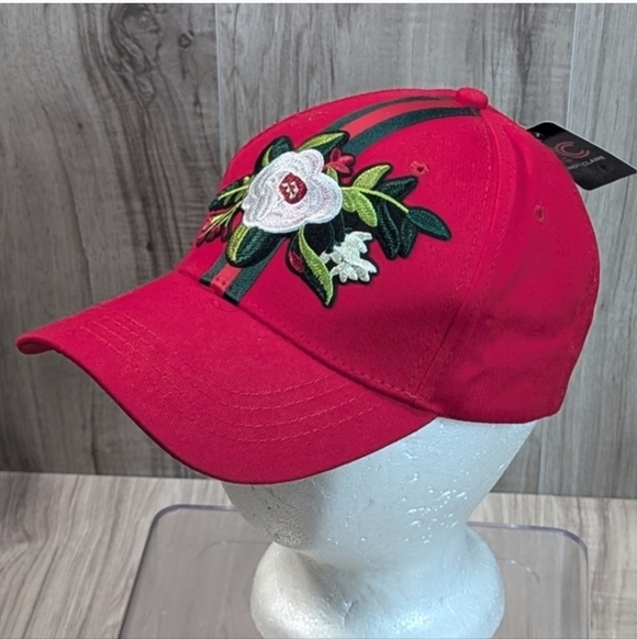 Red & Green Stripe Luxury Look Floral Red Baseball Fashion Hat NWT - Picture 1 of 10